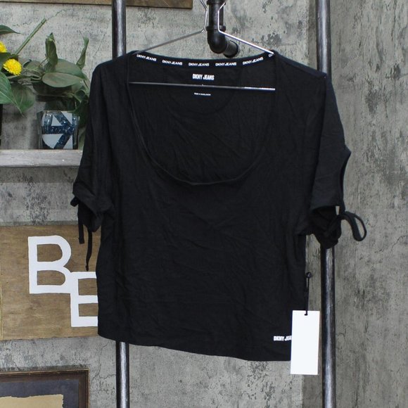 NWT Dkny Jeans Women's Cropped Tied-Sleeve T-Shirt E22F8HIG M Black - Picture 2 of 7